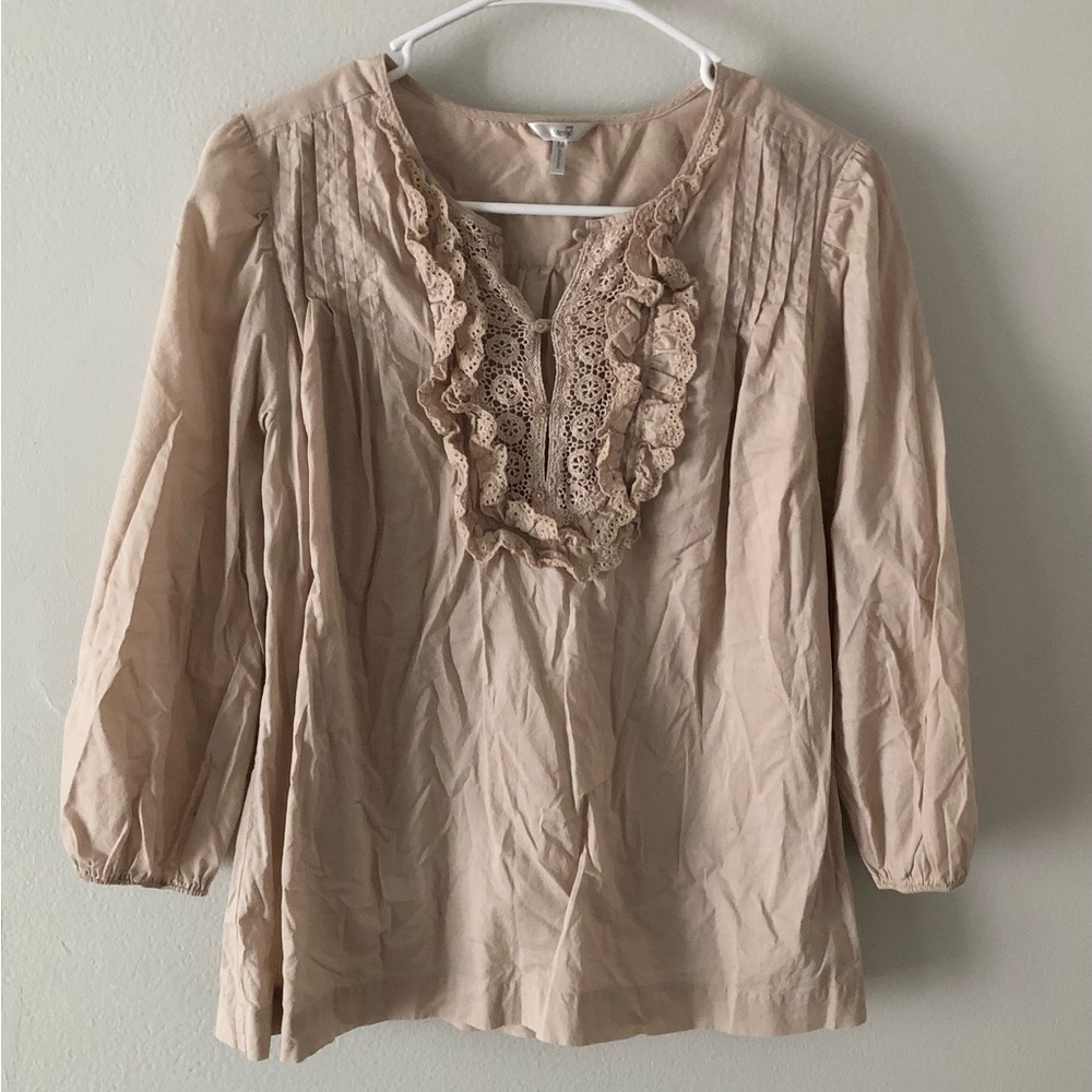 Womens Beige Lace-Trim Peasant Blouse - Beige